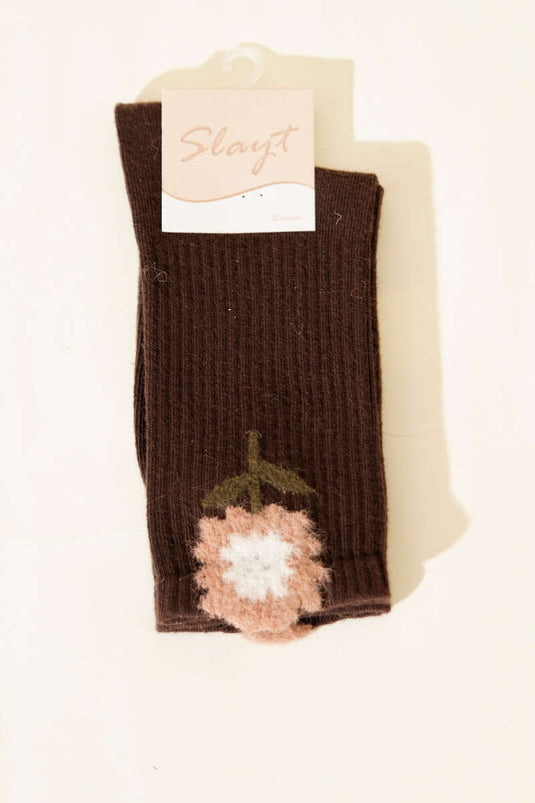 Gül Desenli Sakallı Soket Kadın Çorap Kahve