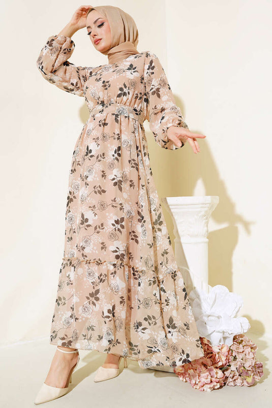 Rose Patterned Chiffon Dress Beige