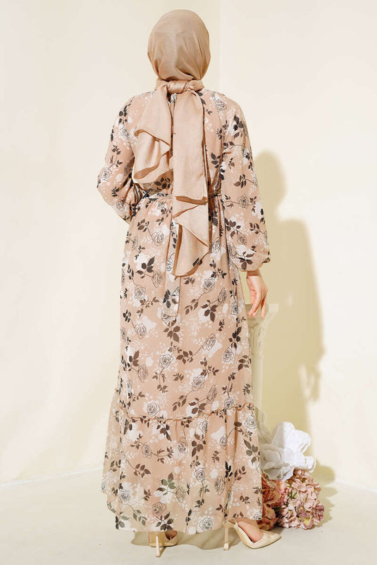 Rose Patterned Chiffon Dress Beige