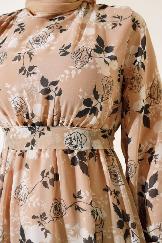 Rose Patterned Chiffon Dress Beige