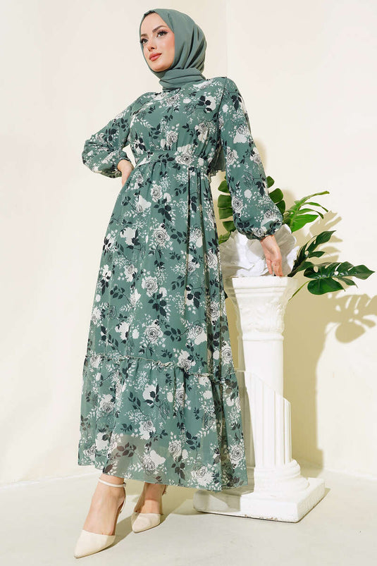 Chiffonkleid mit Rosenmuster Mandelgrün