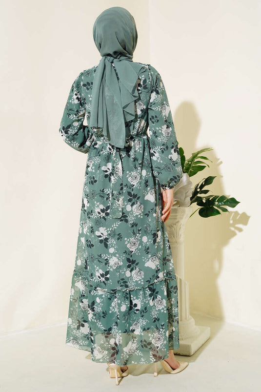 Chiffonkleid mit Rosenmuster Mandelgrün