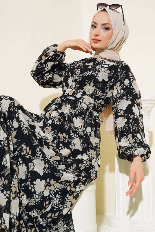 Chiffonkleid mit Rosenmuster Schwarz