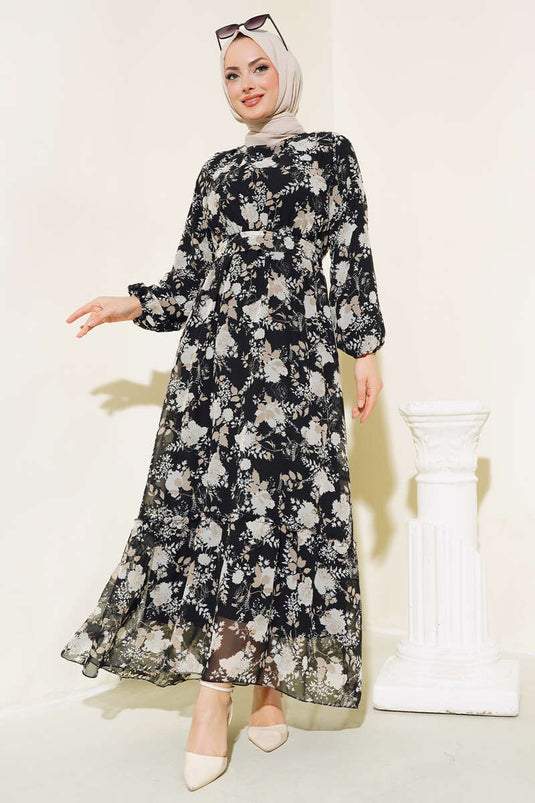 Chiffonkleid mit Rosenmuster Schwarz