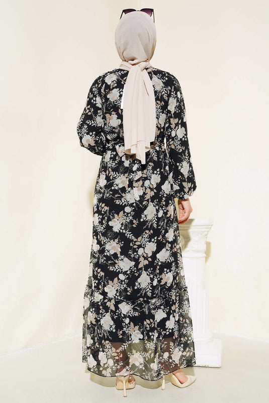 Chiffonkleid mit Rosenmuster Schwarz