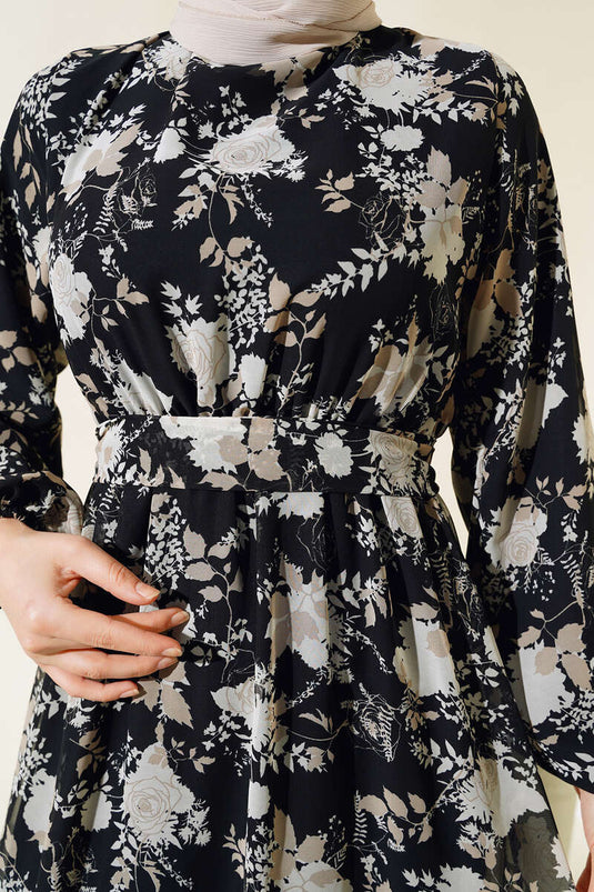 Chiffonkleid mit Rosenmuster Schwarz