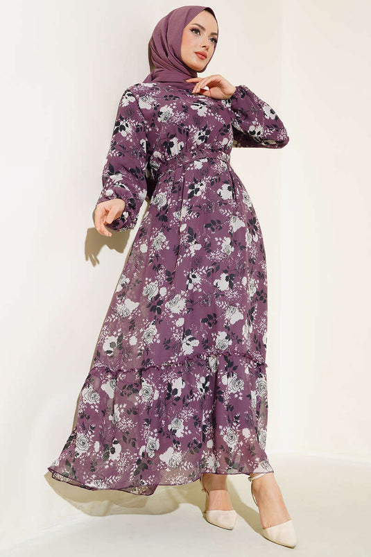 Magenta Floral Pattern Chiffon Dress