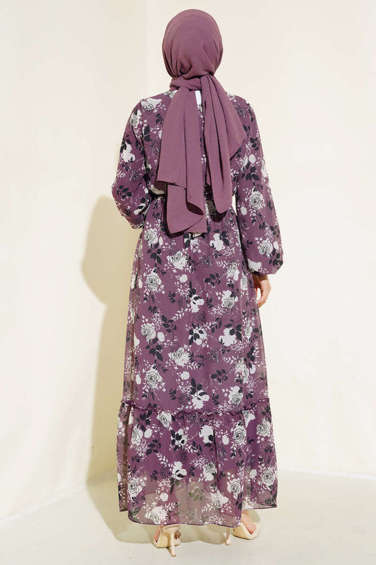 Magenta Floral Pattern Chiffon Dress