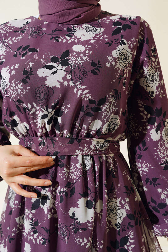 Magenta Floral Pattern Chiffon Dress