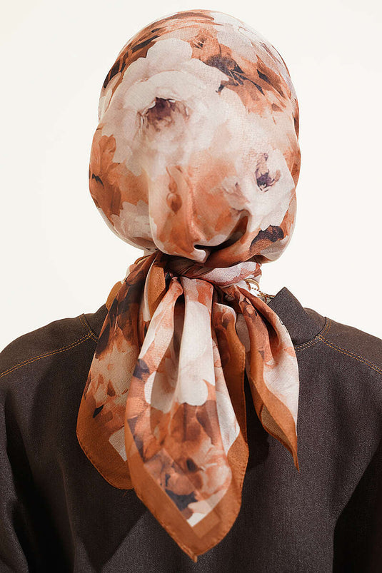 Gül Desenli Soft Eşarp Camel