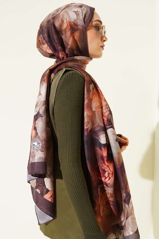 Écharpe douce à motif Gül couleur café amer