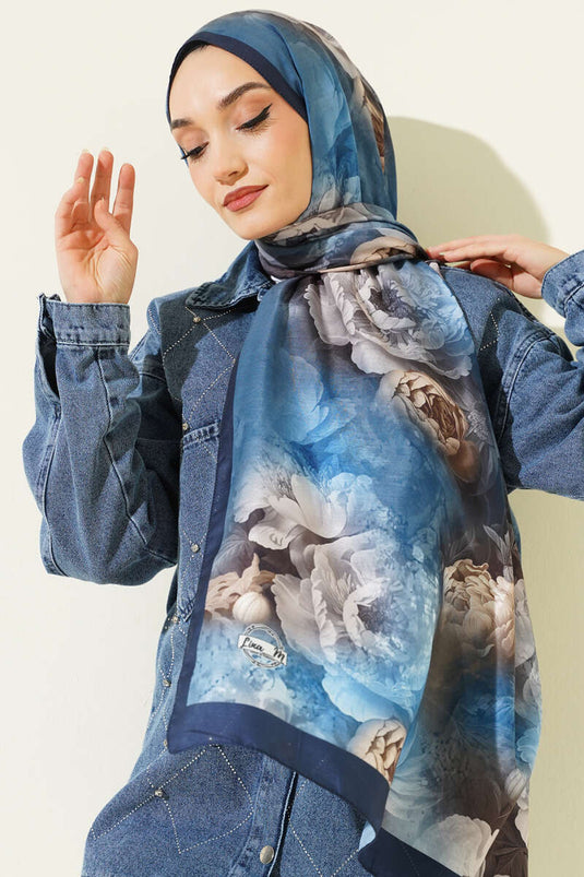 Rose Pattern Soft Shawl Navy Blue