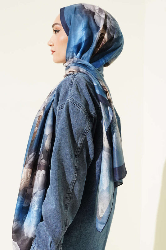 Rose Pattern Soft Shawl Navy Blue