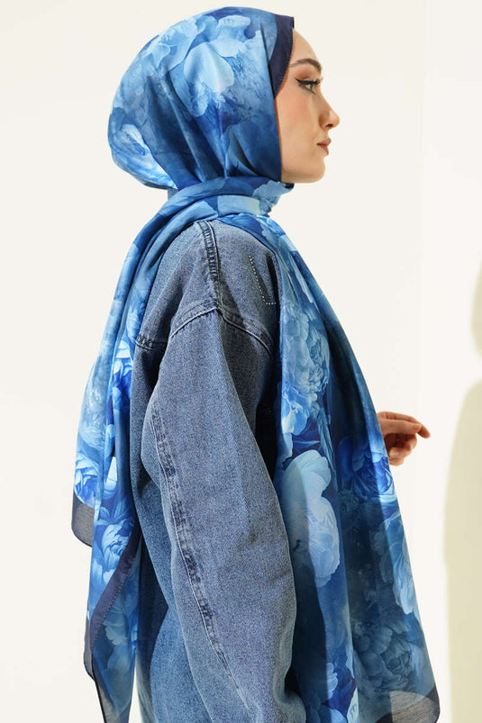 Rose Pattern Soft Shawl Blue