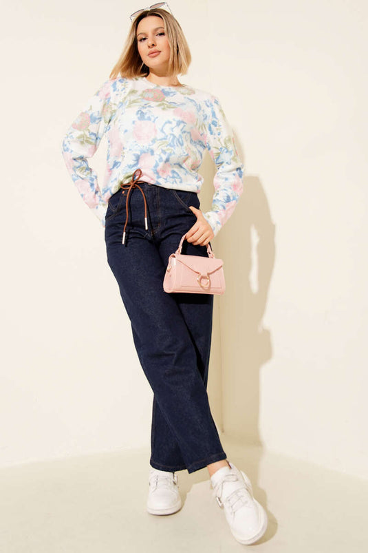 Gül Desenli Triko Kazak Mavi