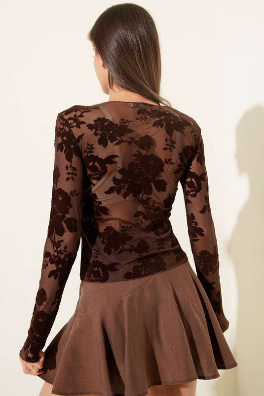 Gül Desenli Tül Bluz Kahve