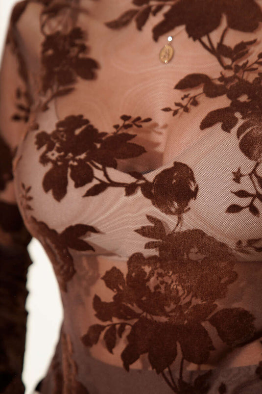 Rose Patterned Tulle Blouse Brown