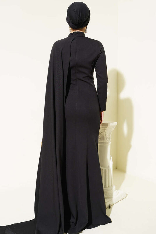 Rose Detail Cape Evening Dress Black