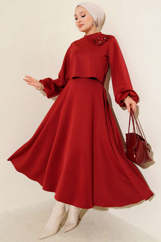 Gül İşlemeli Etekli İkili Takım Bordo