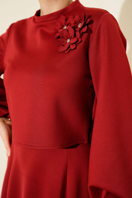 Gül İşlemeli Etekli İkili Takım Bordo