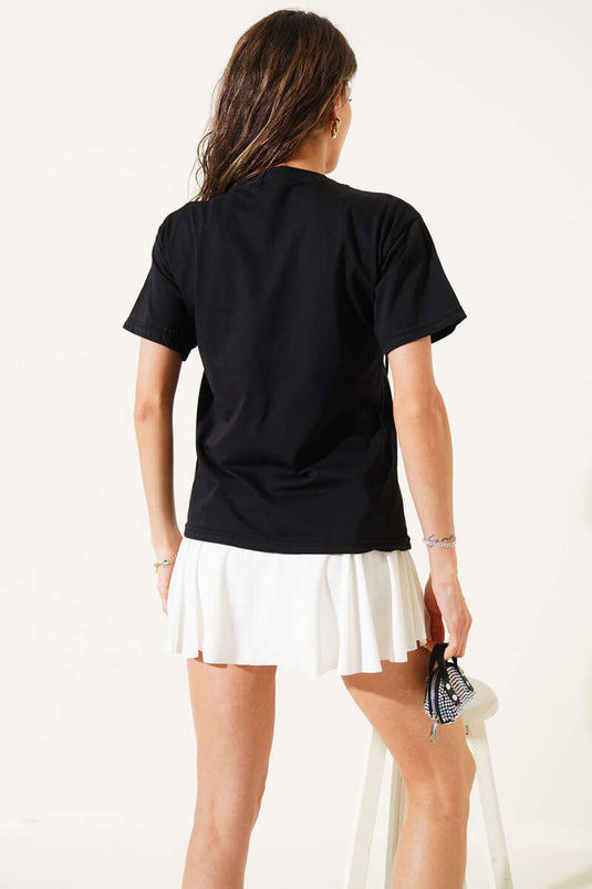 Gül Motif Detaylı T-shirt Siyah