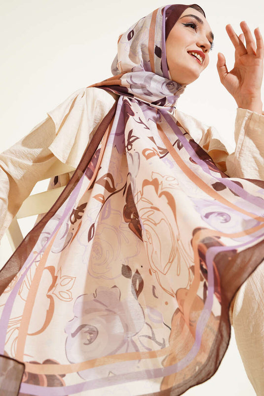 Gül Motifli Şal Kahve