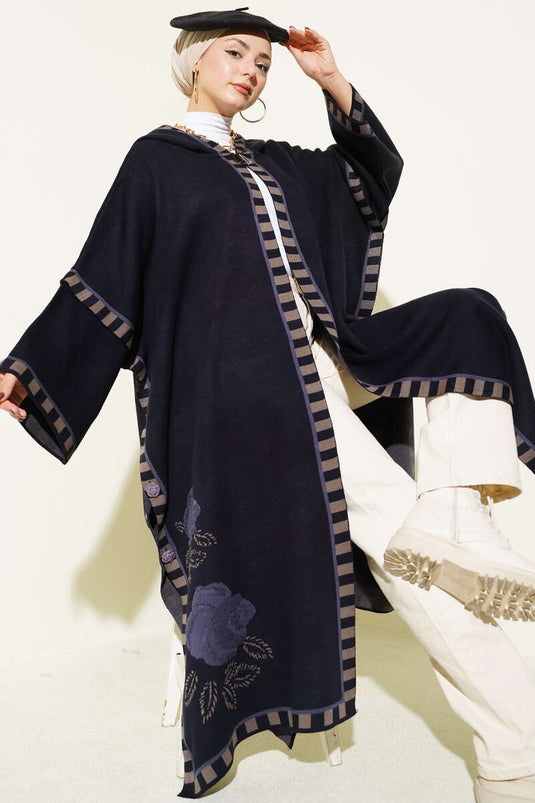 Gül Nakışlı Çizgi Detaylı Panço Lacivert