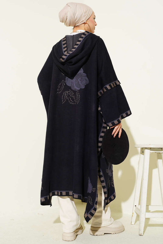 Gül Nakışlı Çizgi Detaylı Panço Lacivert