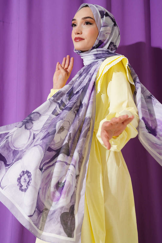 Gül Şerit Geçişli Şal Açık Lila