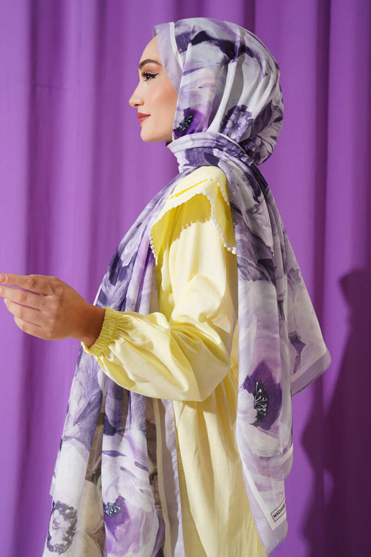 Gül Şerit Geçişli Şal Açık Lila