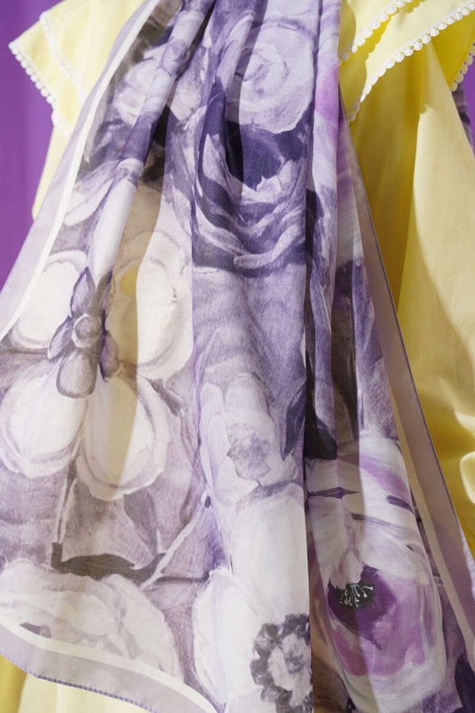 Gül Şerit Geçişli Şal Açık Lila