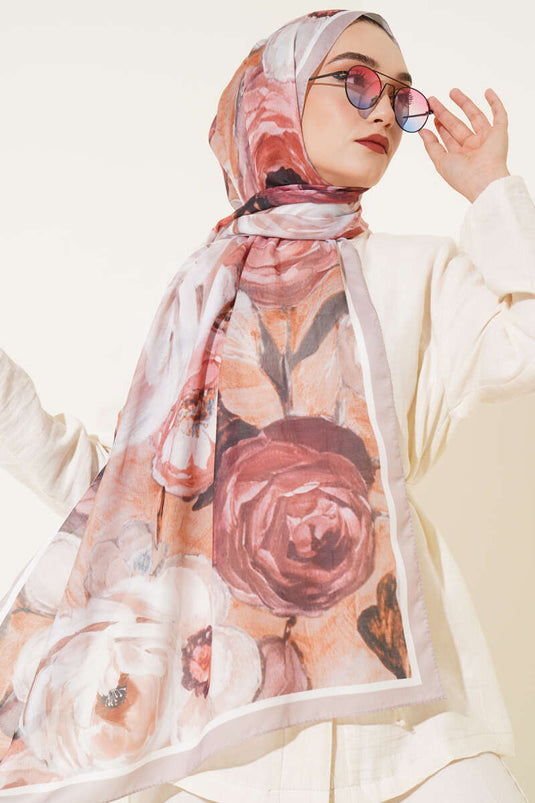 Gül Şerit Geçişli Şal Açık Vizon