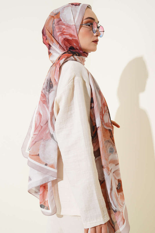 Gül Şerit Geçişli Şal Açık Vizon