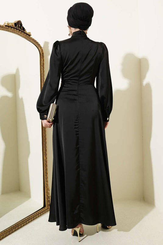 Gül-Detail Satin Abendkleid Schwarz