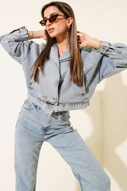 Silver Buttoned Back-Printed Denim Jacket Denim