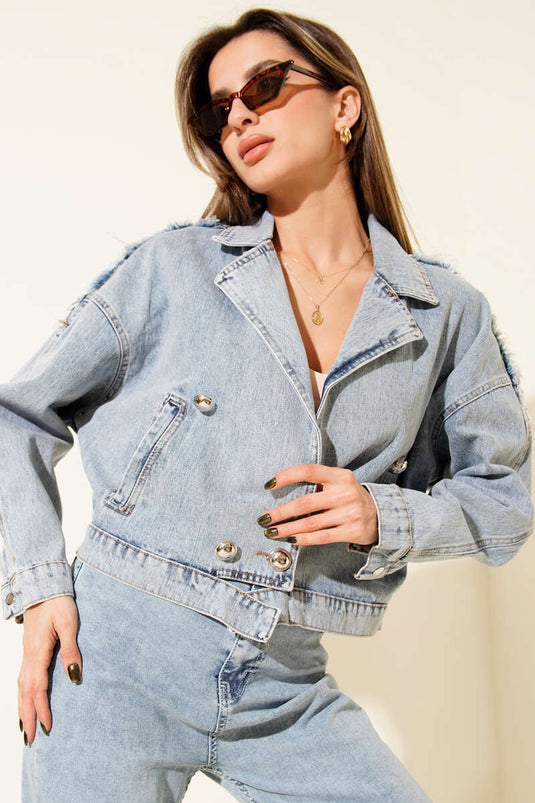 Silver Buttoned Back-Printed Denim Jacket Denim