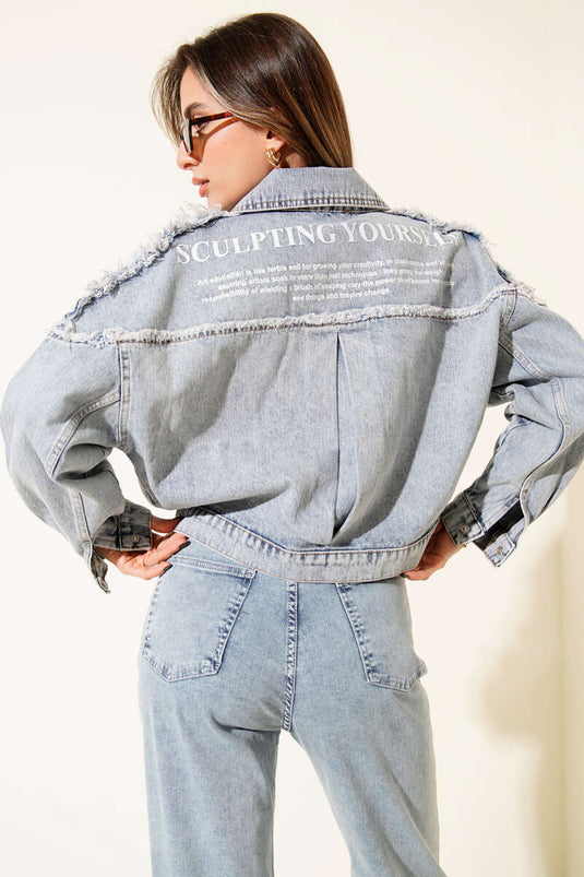 Silver Buttoned Back-Printed Denim Jacket Denim