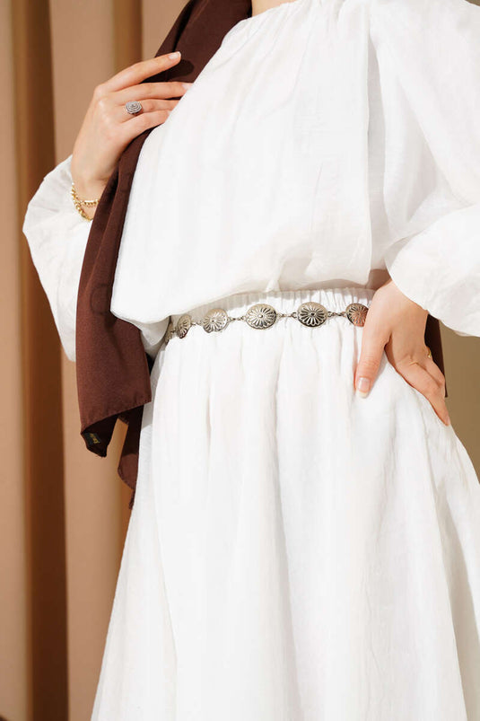 Silver Belted Skirt Two-Piece Set in Ecru