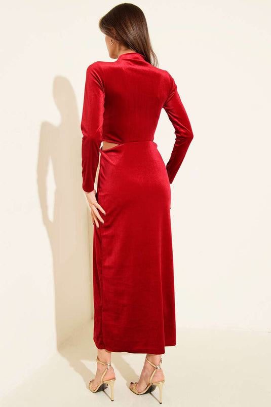 Samtkleid mit Schlitz und Sonnenzubehör in Burgunderrot