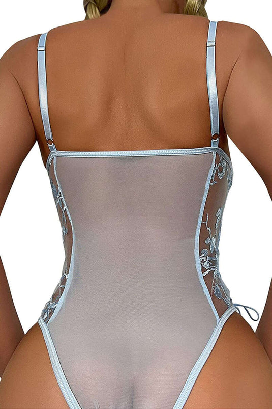 ملابس داخلية فانتازية مزينة بالزهور الدانتيل زرقاء بحمالات