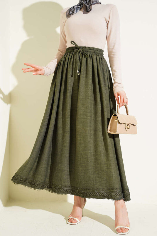 Rock mit elastischem Bund und Guipure-Details, Khaki