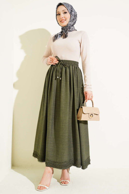 Rock mit elastischem Bund und Guipure-Details, Khaki