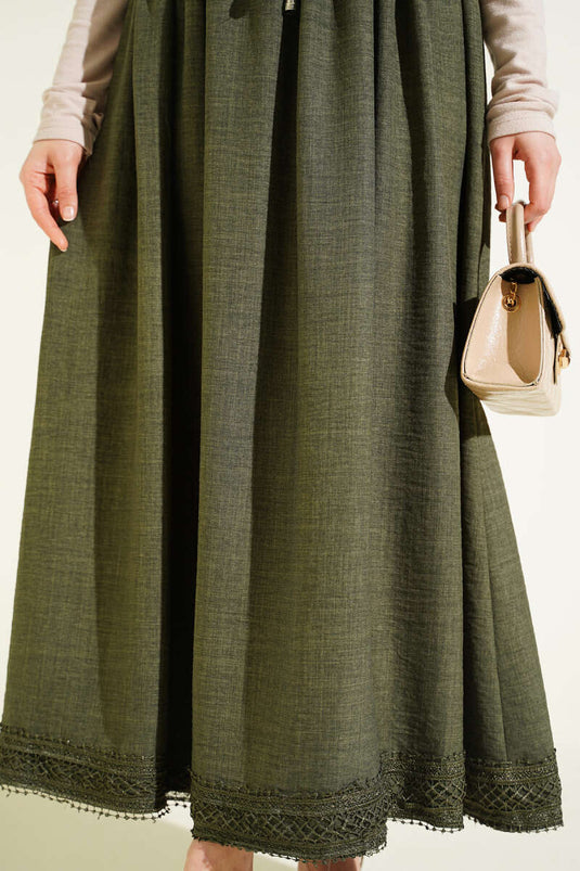 Rock mit elastischem Bund und Guipure-Details, Khaki