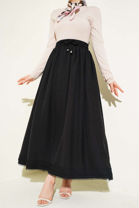 Black Skirt with Lace Detail and Elastic Waistband