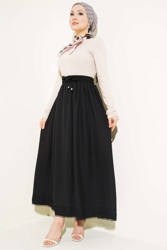 Black Skirt with Lace Detail and Elastic Waistband