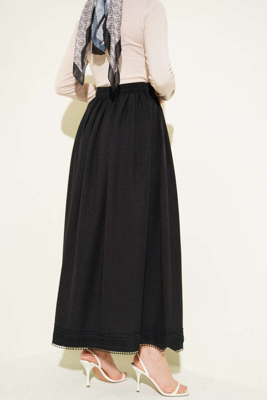 Black Skirt with Lace Detail and Elastic Waistband