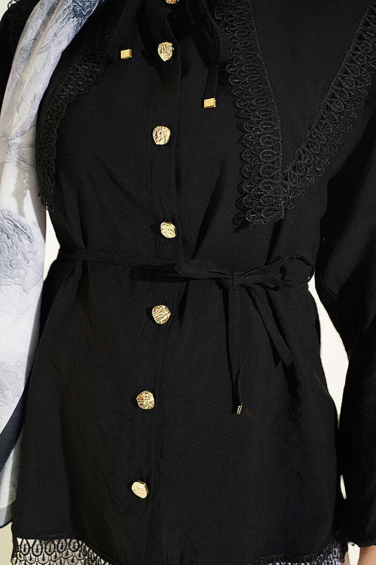 Schwarzes Hemd Mit Rüschen-Details Und Elastischen Bündchen