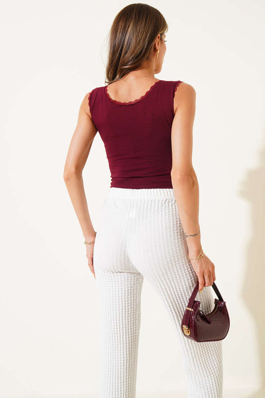 Lace-Detailed Gathered Crop Top in Burgundy