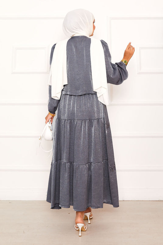 Güpür Detaylı Etekli Kimonolu Takım Gri