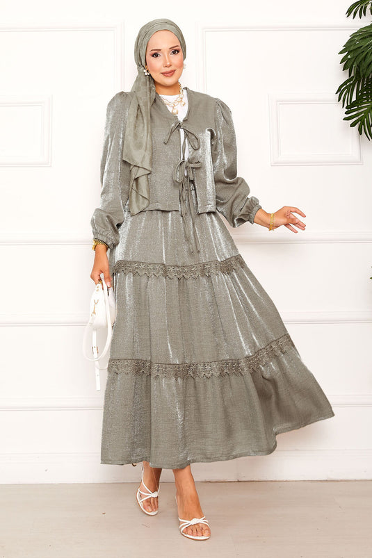 Güpür Detaylı Etekli Kimonolu Takım Haki